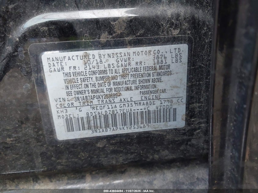 2019 NISSAN SENTRA SV 3N1AB7AP4KY253689