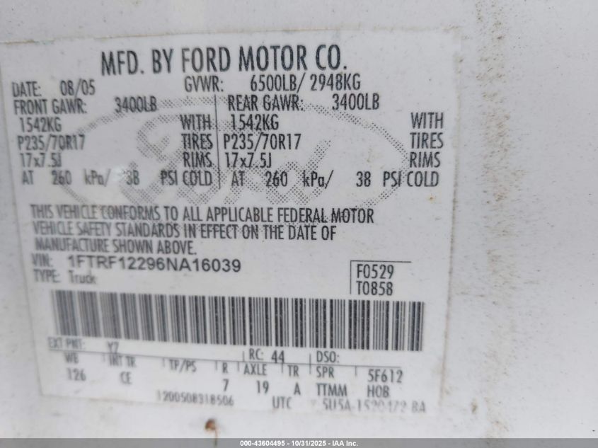 2006 Ford F-150 Stx/Xl/Xlt VIN: 1FTRF12296NA16039 Lot: 43604495