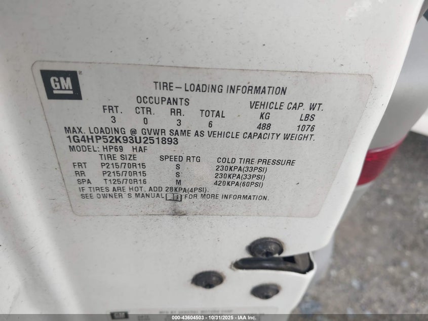 2003 Buick Lesabre Custom VIN: 1G4HP52K93U251893 Lot: 43604503