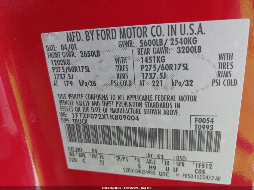 2001 Ford F-150 Xl/Xlt VIN: 1FTZF072X1KB09004 Lot: 43604530