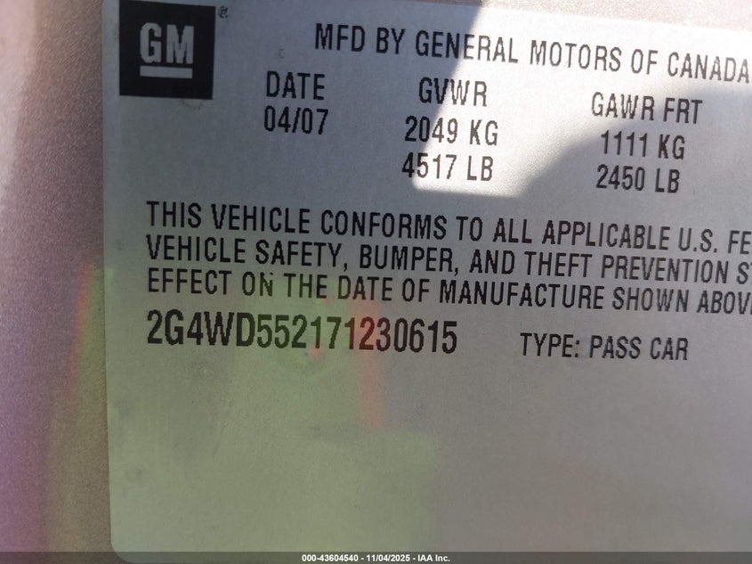 2007 Buick Lacrosse Cxl VIN: 2G4WD552171230615 Lot: 43604540