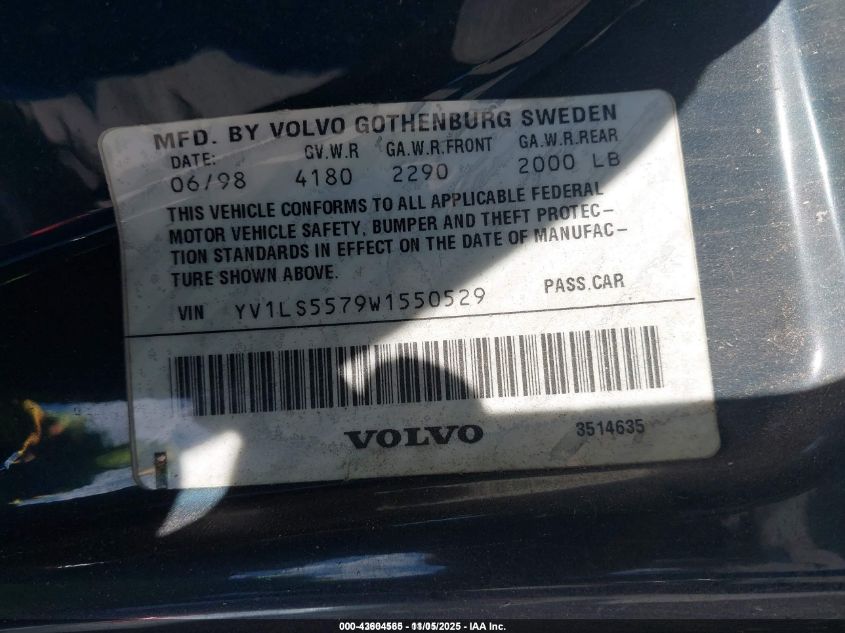 1998 Volvo S70 Gtas/Gtms VIN: YV1LS5579W1550529 Lot: 43604565