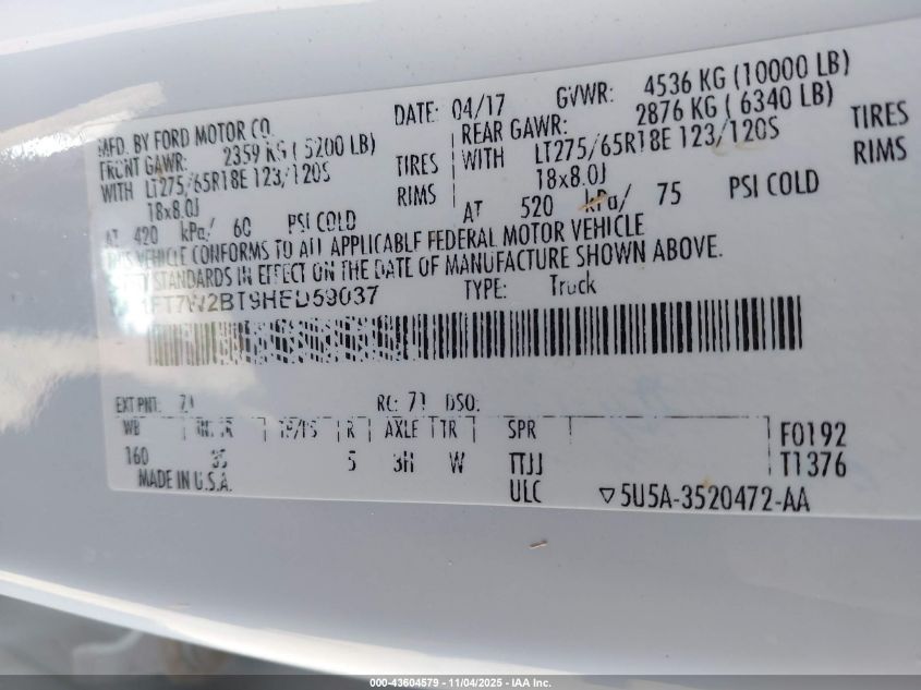 2017 Ford F-250 Xlt VIN: 1FT7W2BT9HED59037 Lot: 43604579