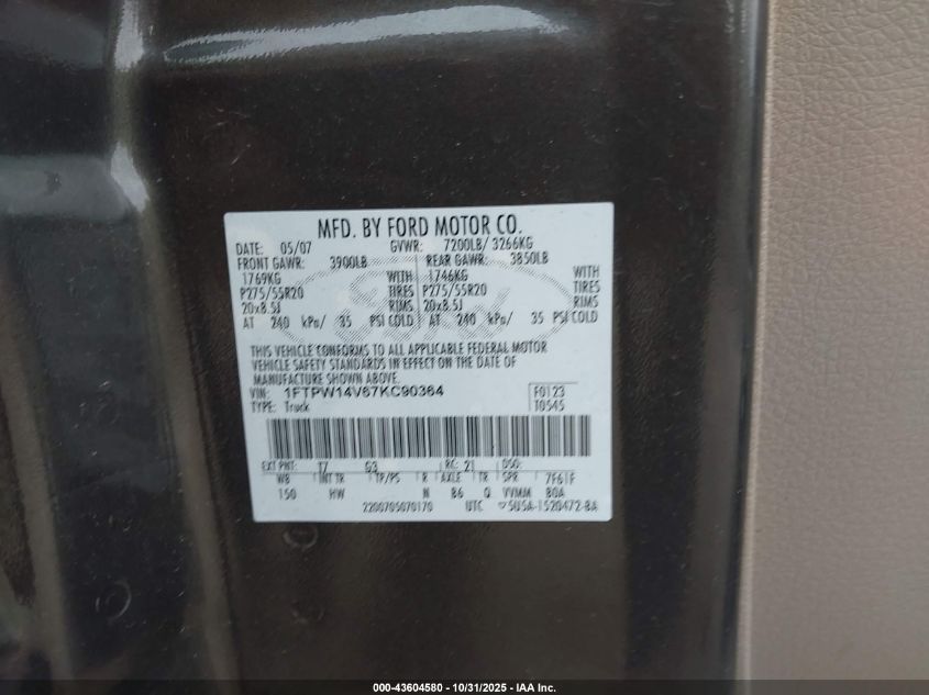 2007 Ford F-150 Fx4/Lariat/Xlt VIN: 1FTPW14V67KC90364 Lot: 43604580