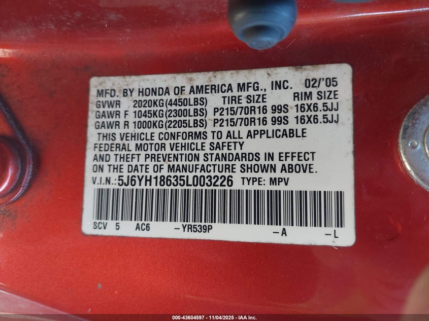 2005 Honda Element Ex VIN: 5J6YH18635L003226 Lot: 43604597