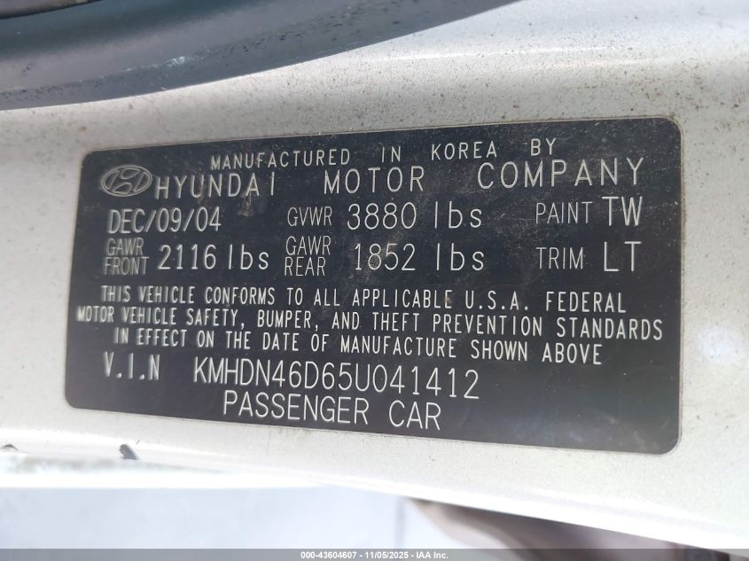 2005 Hyundai Elantra Gls/Gt VIN: KMHDN46D65U041412 Lot: 43604607