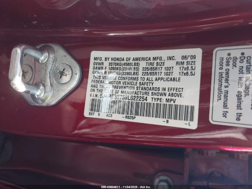 2009 Honda Cr-V Ex-L VIN: 5J6RE38759L022254 Lot: 43604611