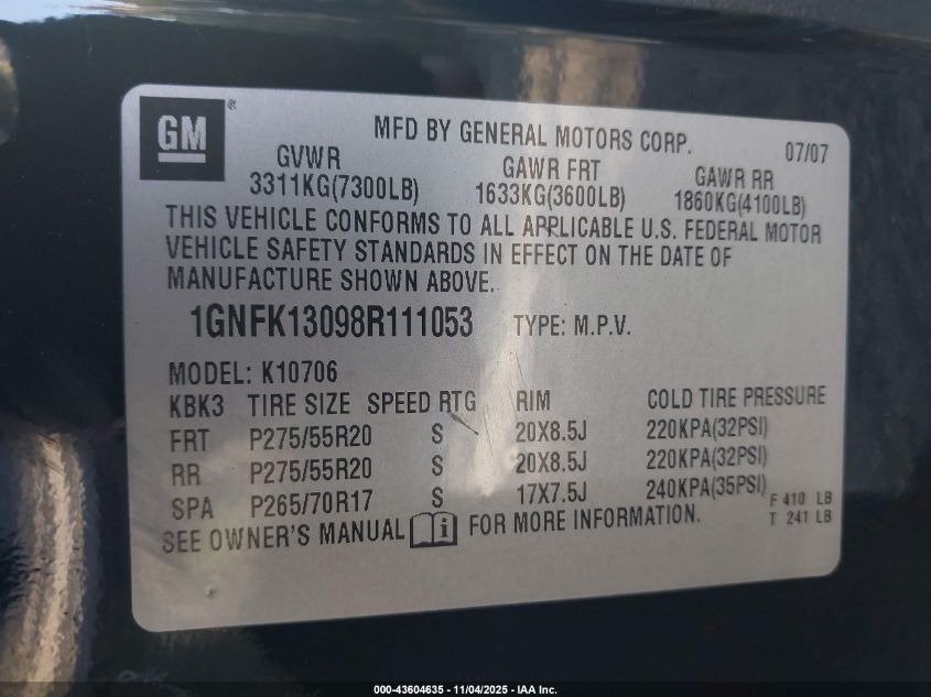 2008 Chevrolet Tahoe Lt VIN: 1GNFK13098R111053 Lot: 43604635