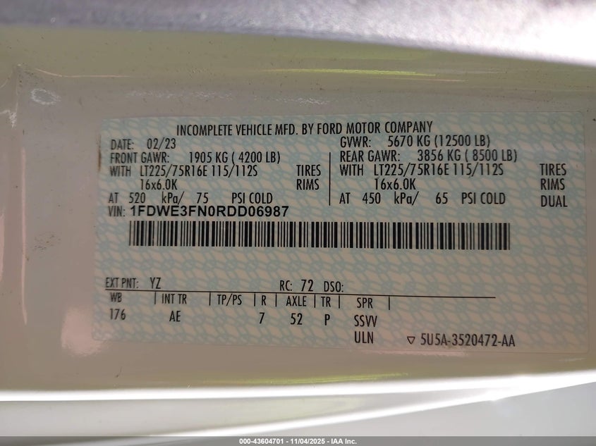 2024 Ford E-350 Cutaway VIN: 1FDWE3FN0RDD06987 Lot: 43604701