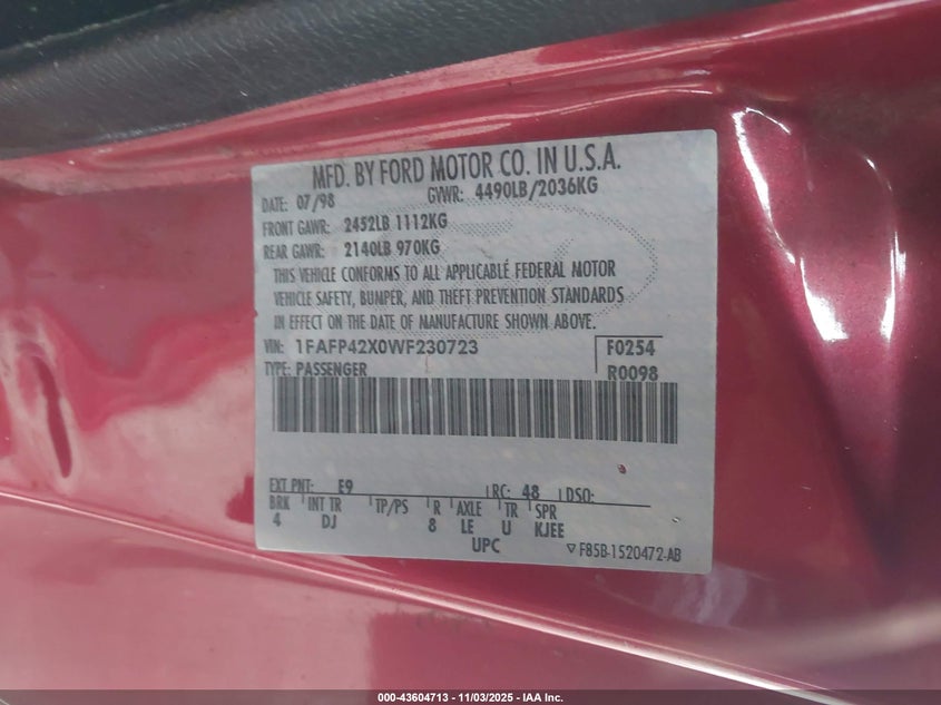 1998 Ford Mustang Gt VIN: 1FAFP42X0WF230723 Lot: 43604713