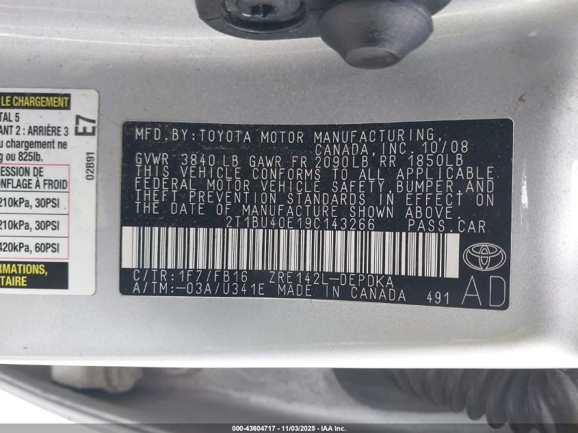 2009 Toyota Corolla Le VIN: 2T1BU40E19C143266 Lot: 43604717