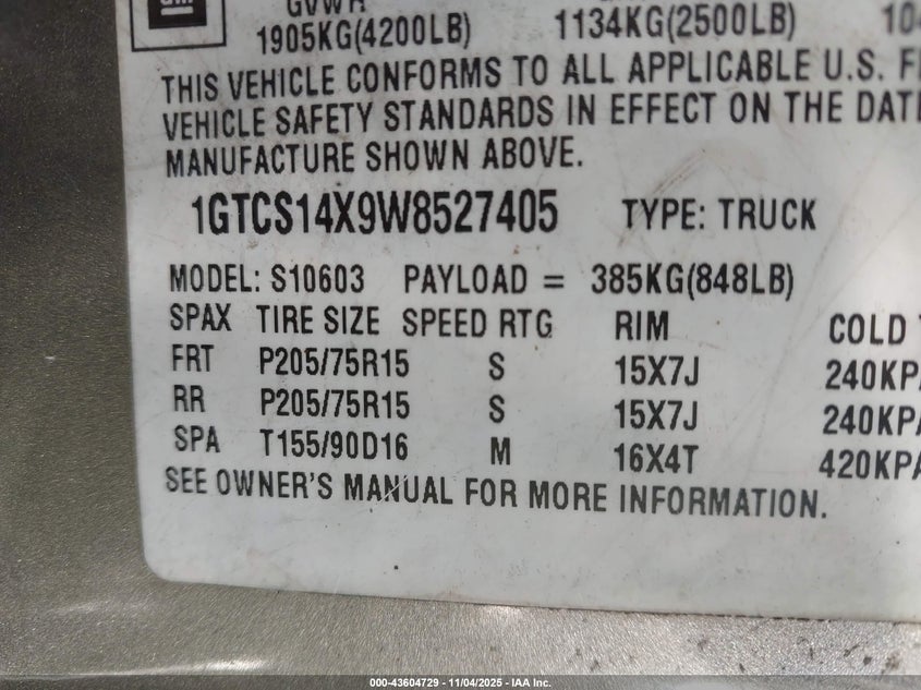 1998 GMC Sonoma Sl VIN: 1GTCS14X9W8527405 Lot: 43604729
