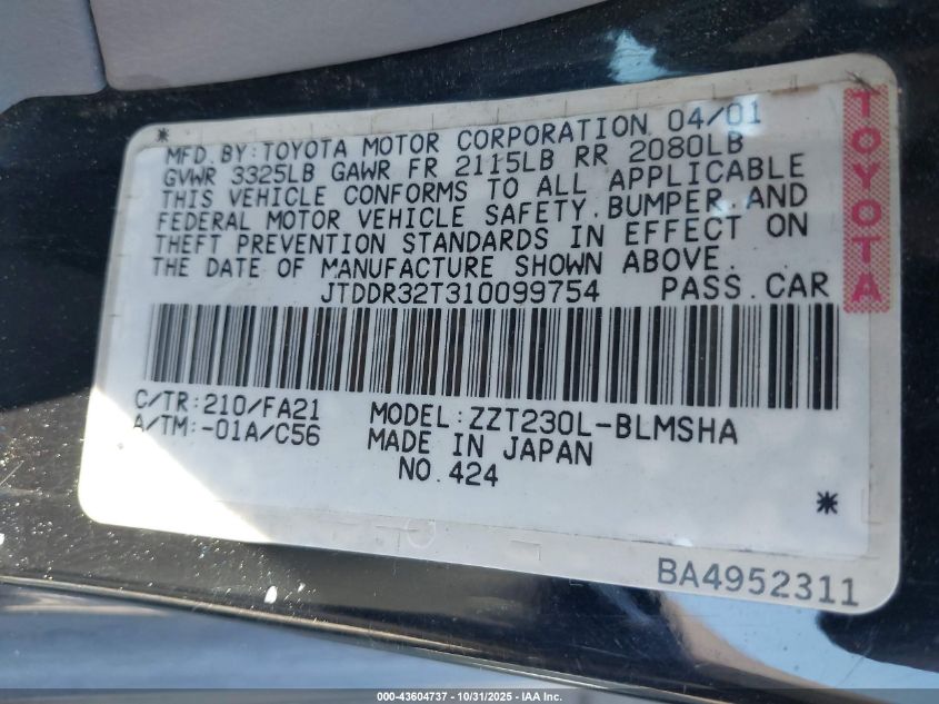 2001 Toyota Celica Gt VIN: JTDDR32T310099754 Lot: 43604737