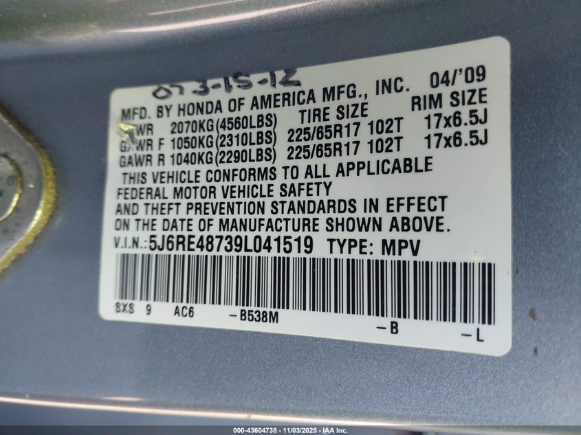2009 Honda Cr-V Ex-L VIN: 5J6RE48739L041519 Lot: 43604738
