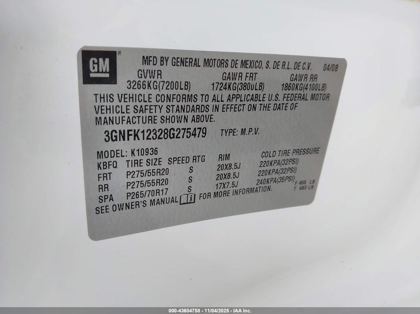 2008 Chevrolet Avalanche 1500 Ltz VIN: 3GNFK12328G275479 Lot: 43604758