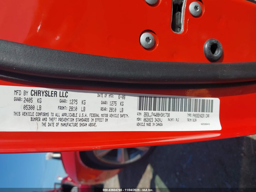 2008 Dodge Challenger Srt8 VIN: 2B3LJ74W88H301738 Lot: 43604766