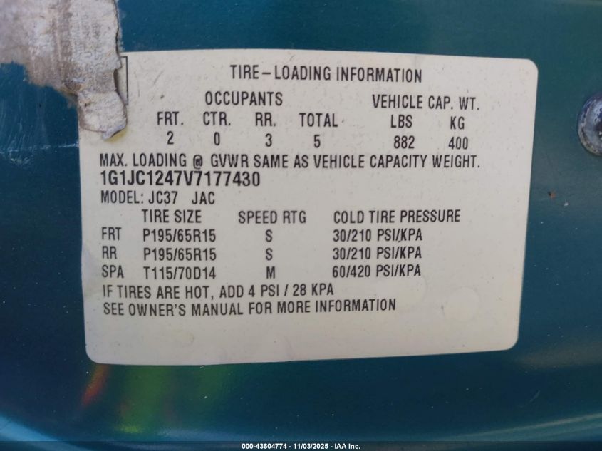 1997 Chevrolet Cavalier VIN: 1G1JC1247V7177430 Lot: 43604774