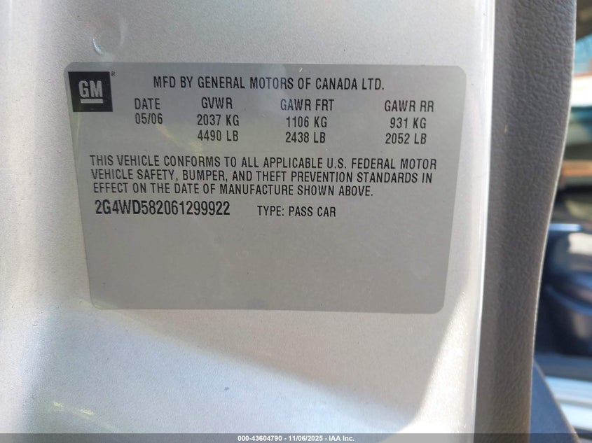 2006 Buick Lacrosse Cxl VIN: 2G4WD582061299922 Lot: 43604790