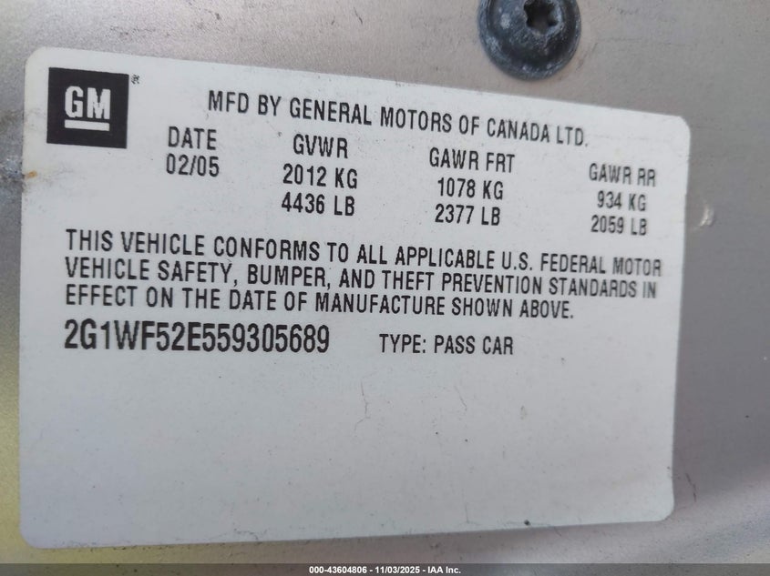 2005 Chevrolet Impala VIN: 2G1WF52E559305689 Lot: 43604806