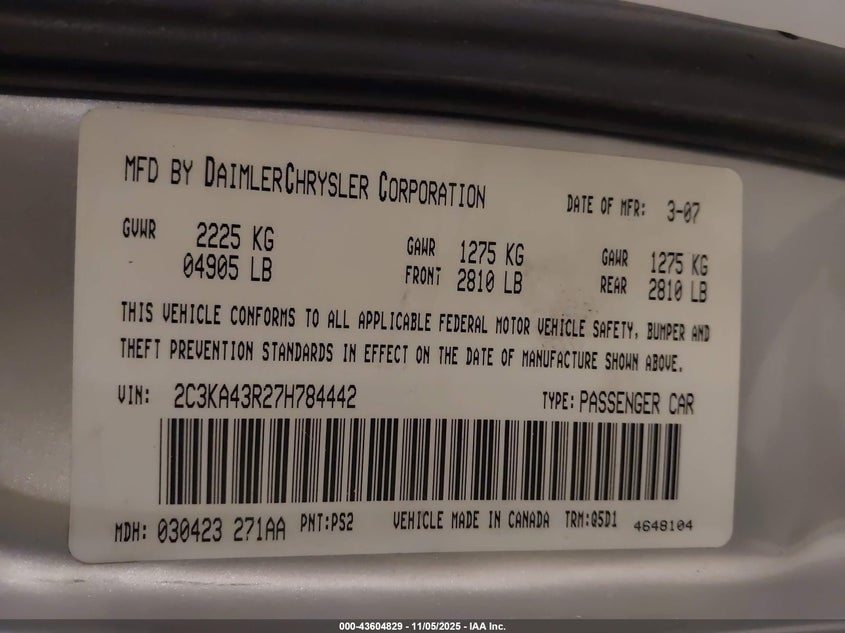 2007 Chrysler 300 VIN: 2C3KA43R27H784442 Lot: 43604829