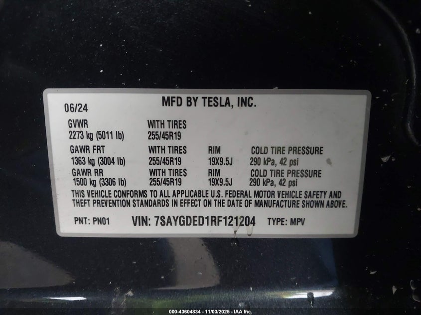 2024 Tesla Model Y Long Range Dual Motor All-Wheel Drive/Rwd VIN: 7SAYGDED1RF121204 Lot: 43604834