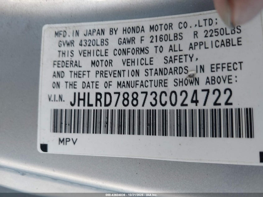 2003 Honda Cr-V Ex VIN: JHLRD78873C024722 Lot: 43604836