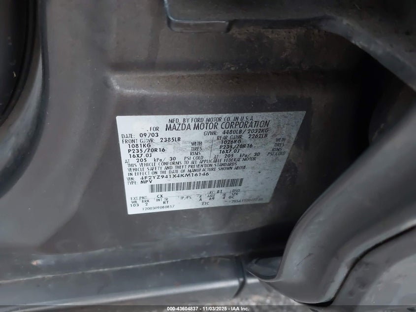 2004 Mazda Tribute Lx V6 VIN: 4F2YZ941X4KM16146 Lot: 43604837