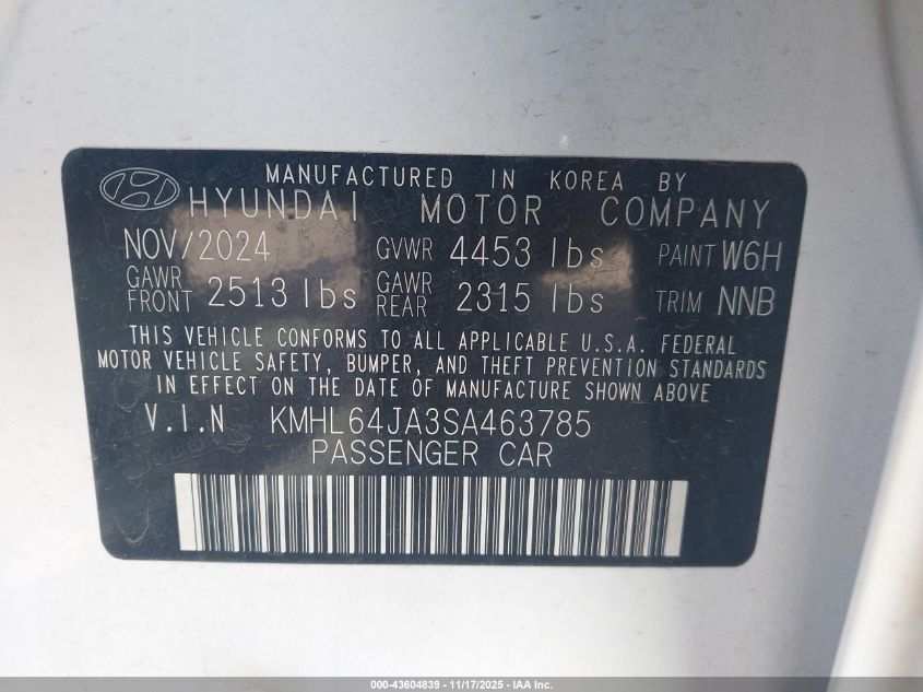 2025 Hyundai Sonata Sel VIN: KMHL64JA3SA463785 Lot: 43604839
