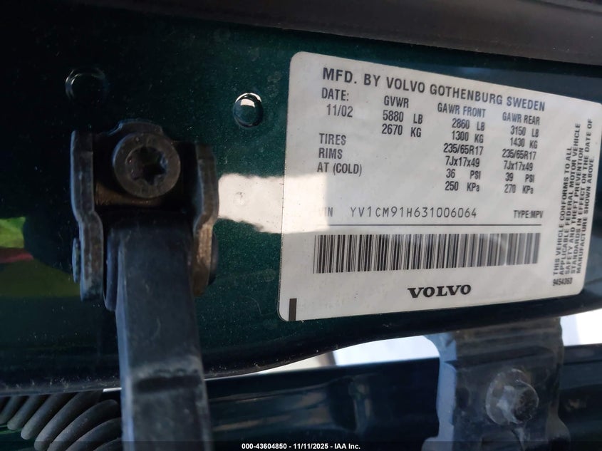 2003 Volvo Xc90 T6 VIN: YV1CM91H631006064 Lot: 43604850