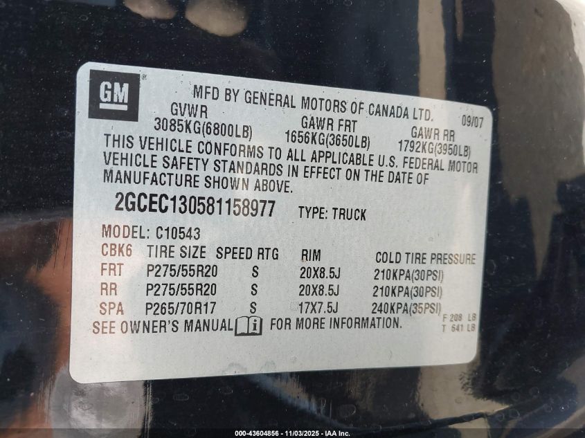 2008 Chevrolet Silverado 1500 Ltz VIN: 2GCEC130581158977 Lot: 43604856