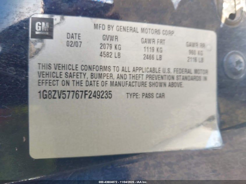 2007 Saturn Aura Xr VIN: 1G8ZV57767F249235 Lot: 43604872
