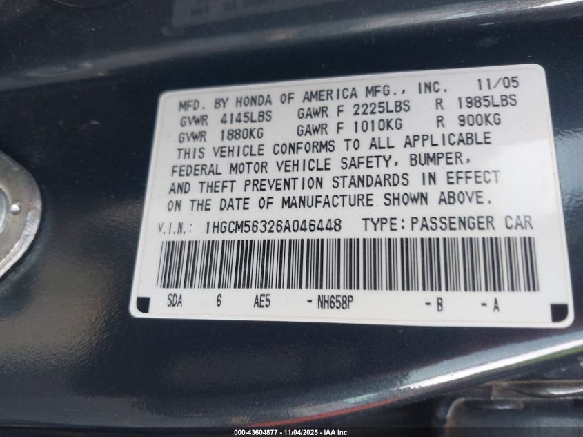 2006 Honda Accord 2.4 Se VIN: 1HGCM56326A046448 Lot: 43604877
