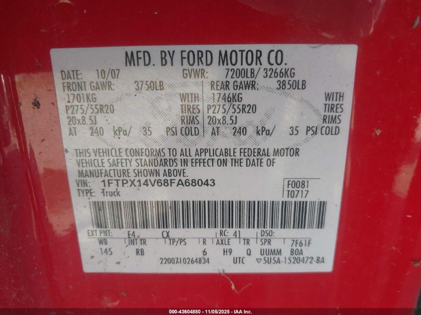 2008 Ford F-150 Fx4/Lariat/Xl/Xlt VIN: 1FTPX14V68FA68043 Lot: 43604880