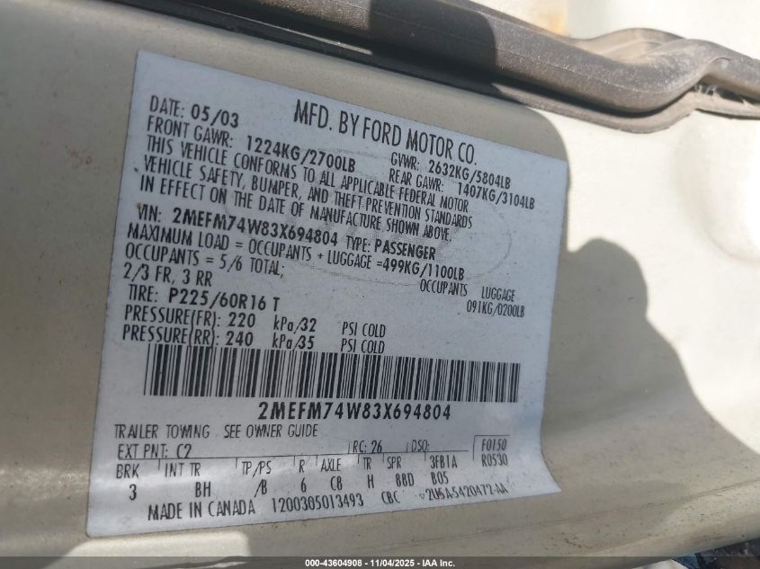 2003 Mercury Grand Marquis Gs VIN: 2MEFM74W83X694804 Lot: 43604908