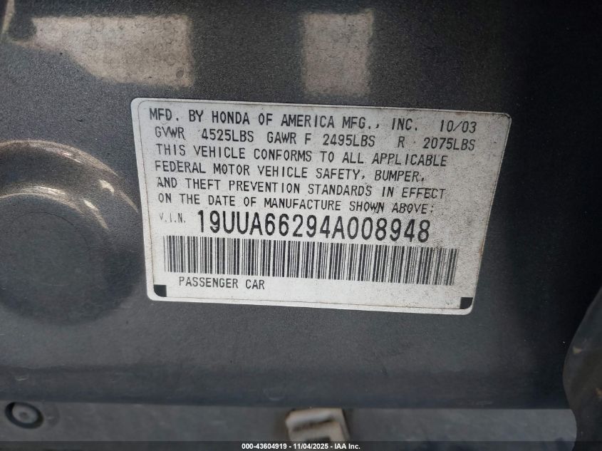 2004 Acura Tl VIN: 19UUA66294A008948 Lot: 43604919