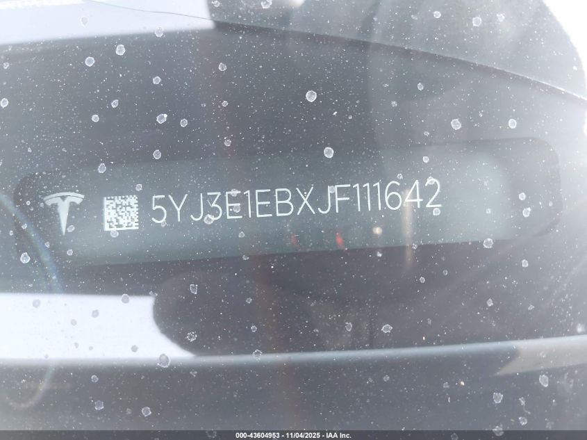 2018 Tesla Model 3 Long Range/Performance VIN: 5YJ3E1EBXJF111642 Lot: 43604953