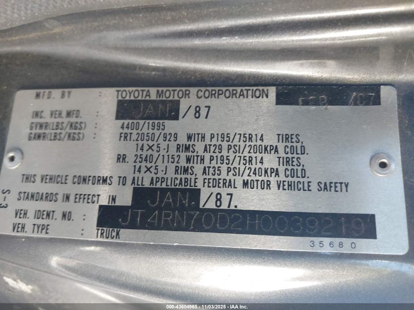 1987 Toyota Pickup Xtracab Rn70 Dlx VIN: JT4RN70D2H0039219 Lot: 43604965