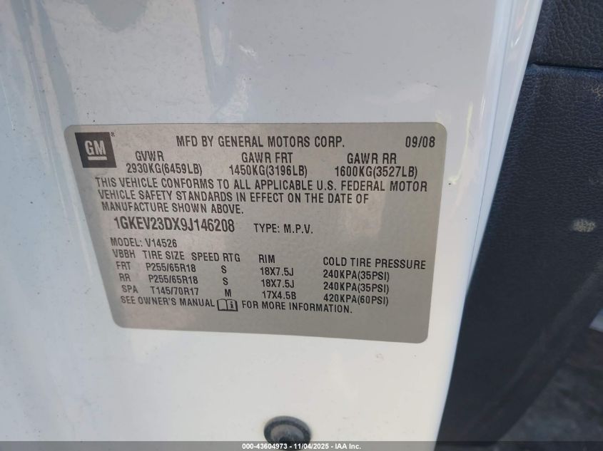 2009 GMC Acadia Slt-1 VIN: 1GKEV23DX9J146208 Lot: 43604973