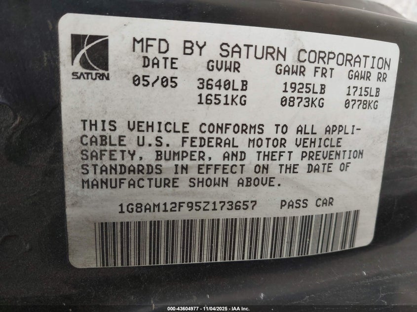 1G8AM12F95Z173657 2005 SATURN ION photo no. 9