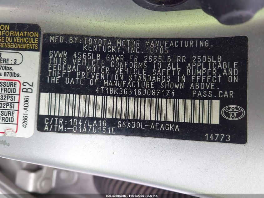 2006 Toyota Avalon Xls VIN: 4T1BK36B16U087174 Lot: 43604986