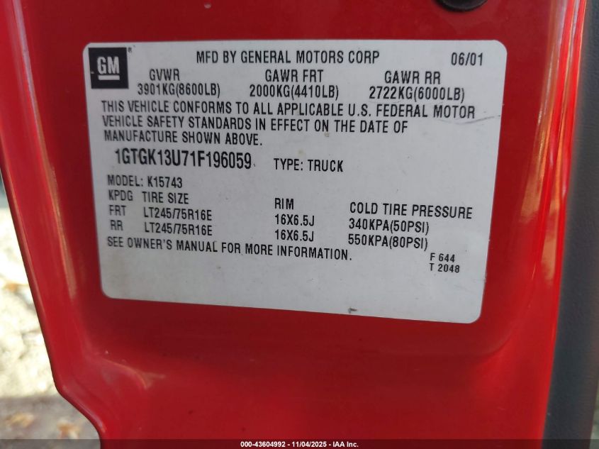 2001 GMC Sierra 1500Hd Sle VIN: 1GTGK13U71F196059 Lot: 43604992