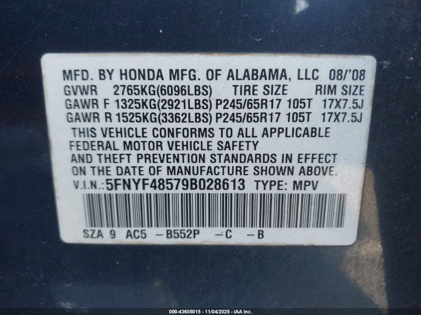 2009 Honda Pilot Ex-L VIN: 5FNYF48579B028613 Lot: 43605015