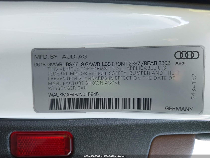 2018 AUDI A4 2.0T TECH ULTRA PREMIUM/2.0T ULTRA PREMIUM - WAUKMAF48JN015845