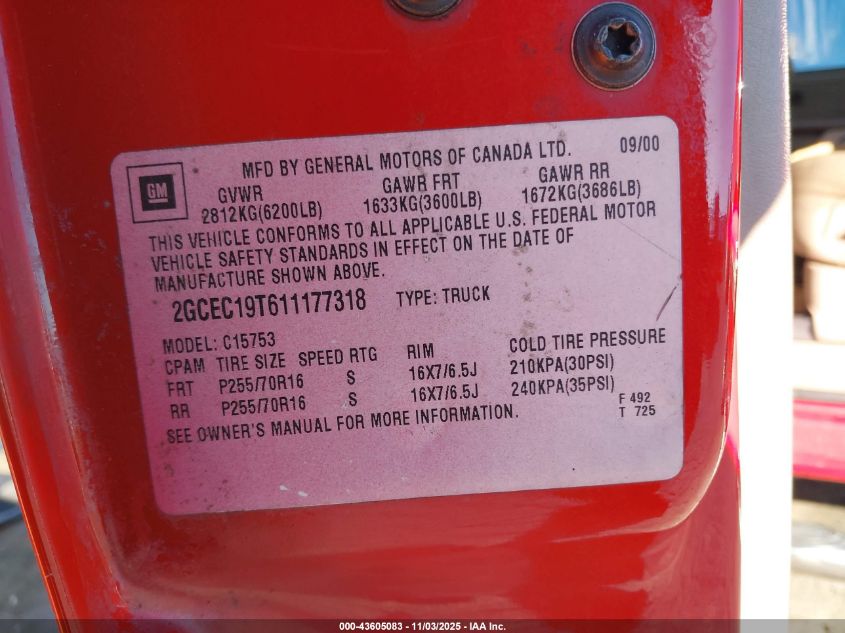 2001 Chevrolet Silverado 1500 Lt VIN: 2GCEC19T611177318 Lot: 43605083