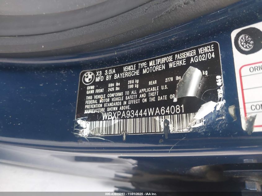 2004 BMW X3 3.0I VIN: WBXPA93444WA64081 Lot: 43605093