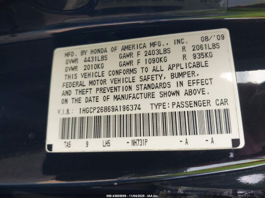 2009 Honda Accord 2.4 Ex-L VIN: 1HGCP26869A196374 Lot: 43605098