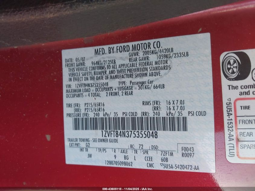2007 Ford Mustang V6 Deluxe/V6 Premium VIN: 1ZVFT84N375355048 Lot: 43605118