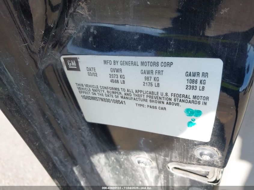 2003 Cadillac Cts Standard VIN: 1G6DM57N830108541 Lot: 43605133