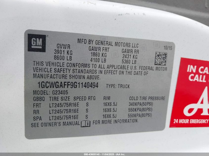 2016 Chevrolet Express 2500 Work Van VIN: 1GCWGAFF9G1140494 Lot: 43605140
