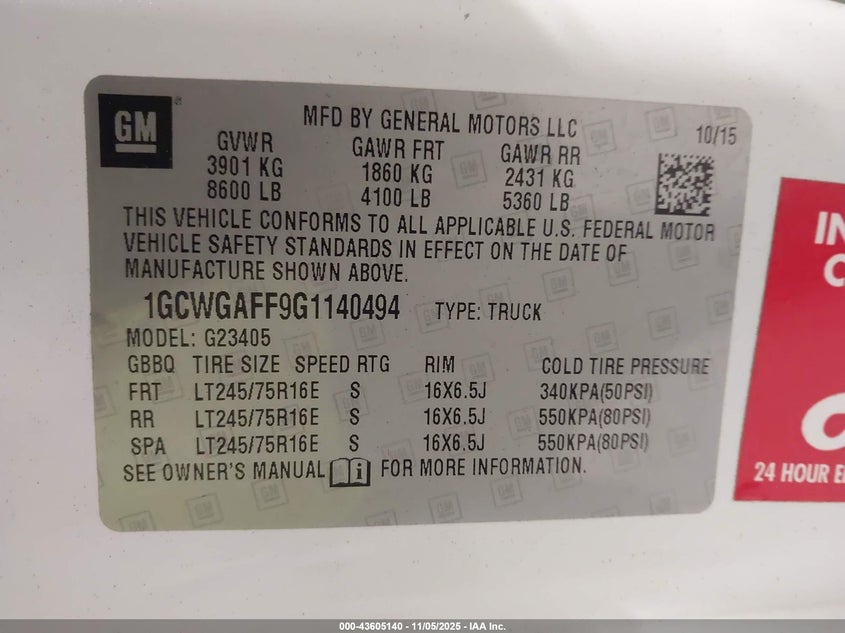 2016 CHEVROLET EXPRESS 2500 WORK VAN 1GCWGAFF9G1140494